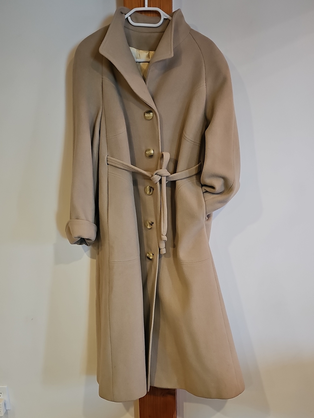 Vintage Womens Wool-Tie-Waist Long Coat - Beige